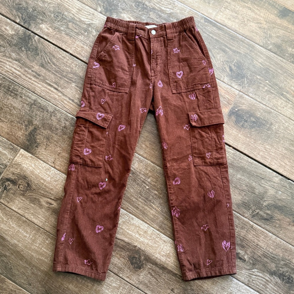 Pacsun Women's Heartbreaker‎ Embroidered Corduroy Cargo SkatePants, Brown Pink,M